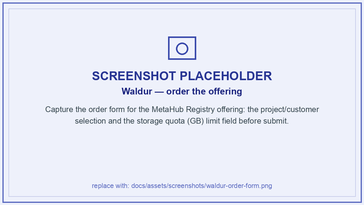Waldur order form for the MetaHub Registry offering with the storage quota field