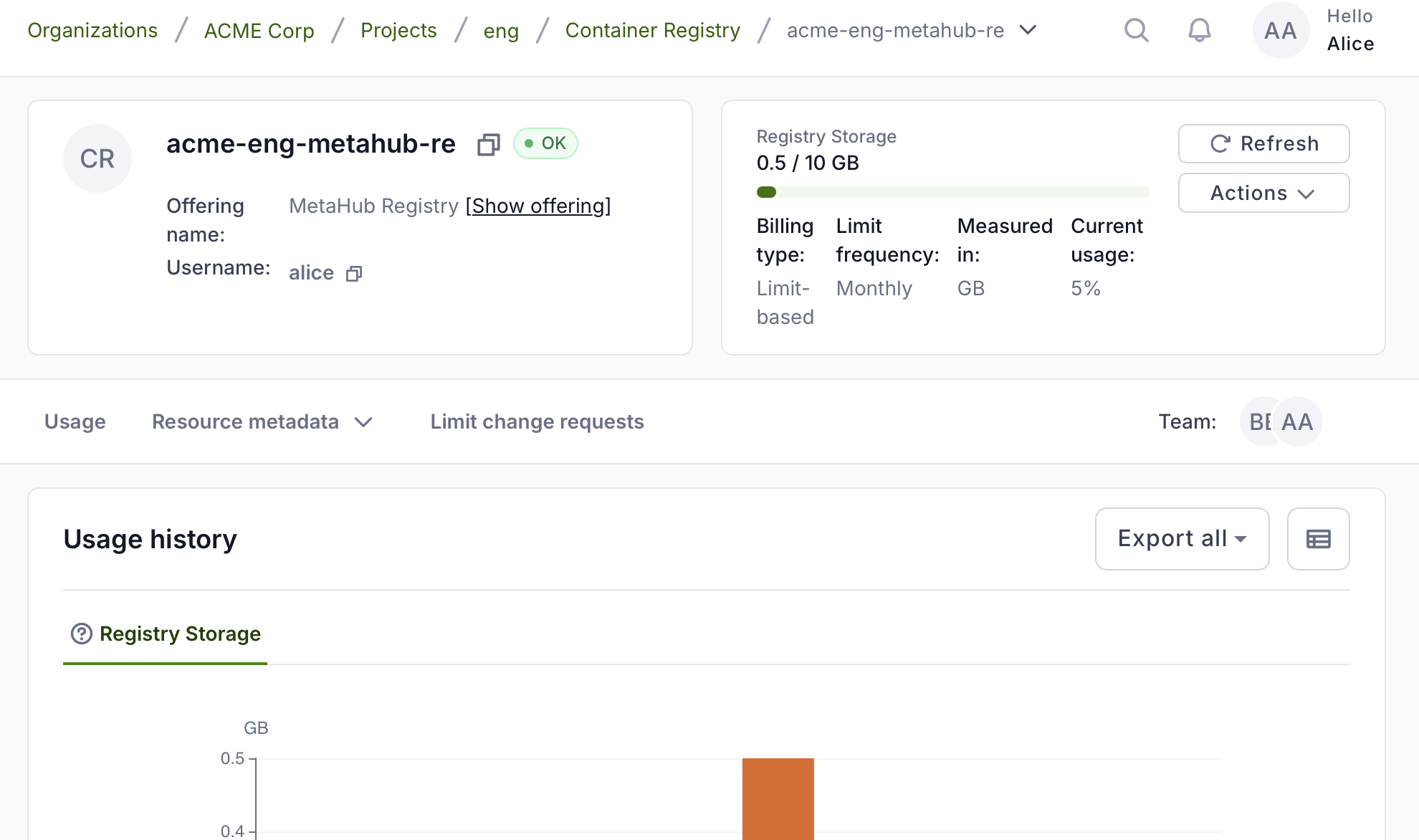 MetaHub project usage vs quota